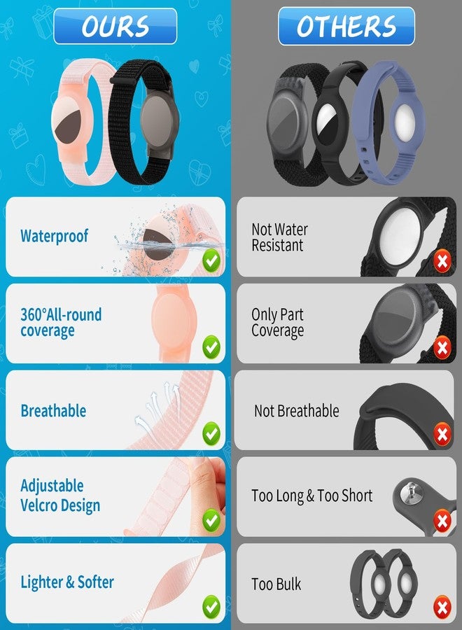 Ztobny Waterproof Bracelet for Airtag (Gen 1 & 2) Kids 2 Pack, Soft Nylon Hidden Air Tag Wristband Full Cover Lightweight GPS Holder Compatible with Apple AirTag Band for Toddler Child (Black & Pink) - Image 3
