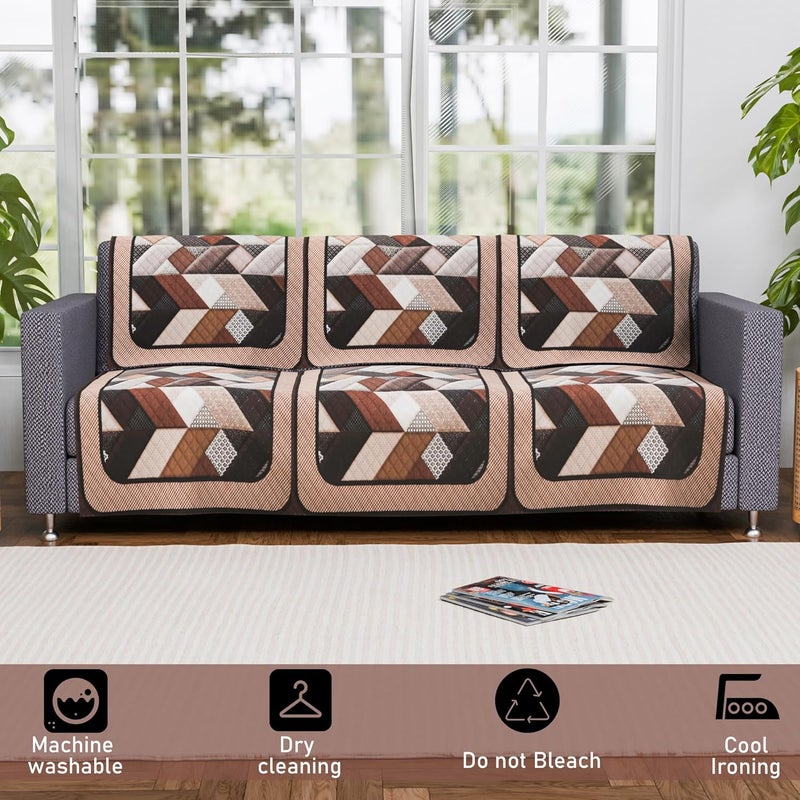 Kuber Industries Set of 6 Velvet 3 Seater Sofa Covers for Living Room | Easy Machine Washable Sofe ke cover for Home Comfort | Triangular-Cream & Brown - Image 4