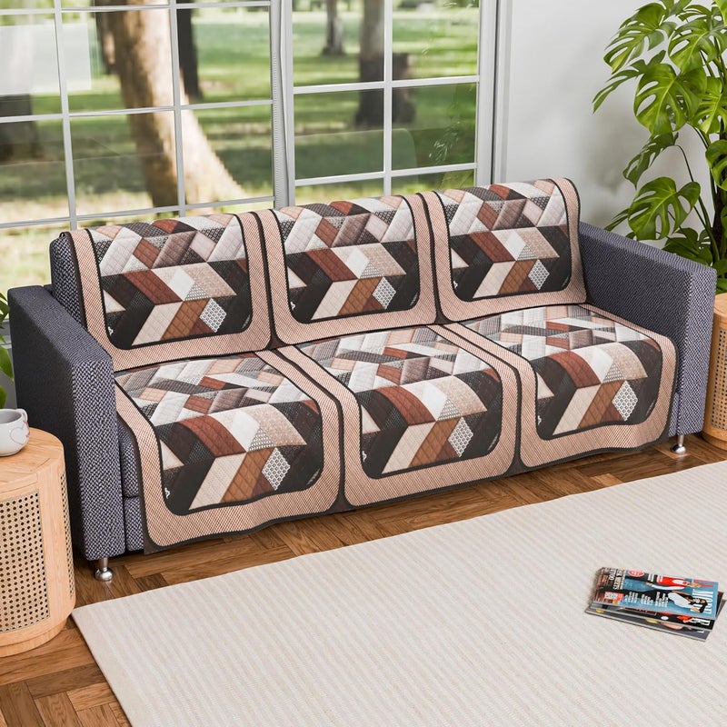 Kuber Industries Set of 6 Velvet 3 Seater Sofa Covers for Living Room | Easy Machine Washable Sofe ke cover for Home Comfort | Triangular-Cream & Brown - Image 1