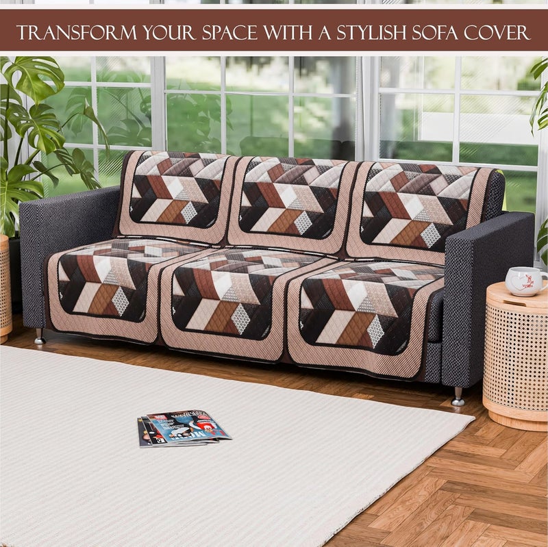 Kuber Industries Set of 6 Velvet 3 Seater Sofa Covers for Living Room | Easy Machine Washable Sofe ke cover for Home Comfort | Triangular-Cream & Brown - Image 2