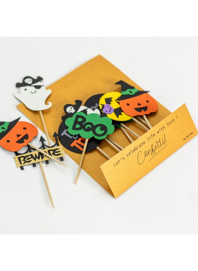 Confetti - Confetti! 12 Pack Halloween Cupcake Toppers Trick or Treat Pumpkin Hat Ghost Beware Bats Boo Cupcake Picks Baby Shower Birthday Halloween Themed Party Cake Decorations Supplies - Image 1