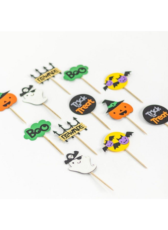 Confetti - Confetti! 12 Pack Halloween Cupcake Toppers Trick or Treat Pumpkin Hat Ghost Beware Bats Boo Cupcake Picks Baby Shower Birthday Halloween Themed Party Cake Decorations Supplies - Image 1