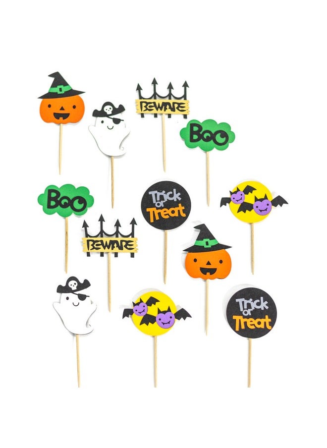 Confetti - Confetti! 12 Pack Halloween Cupcake Toppers Trick or Treat Pumpkin Hat Ghost Beware Bats Boo Cupcake Picks Baby Shower Birthday Halloween Themed Party Cake Decorations Supplies - Image 1