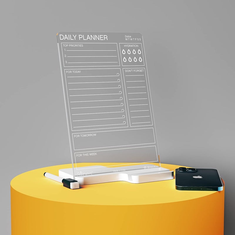 3 Lines Clarity+ 'Daily Planner Top Priorities' Acrylic Board for Desk (24x16 CM)| Best Planner & Organizer | White Acrylic Base With Slot for Phone| With 2 Markers & Cleaning Fabric |Regular Size - Image 1