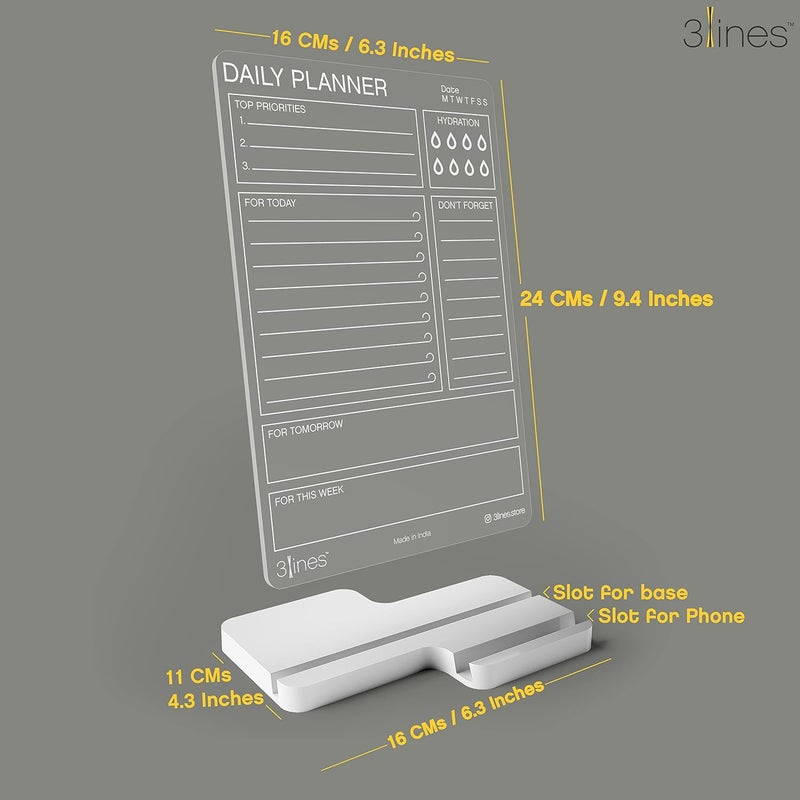 3 Lines Clarity+ 'Daily Planner Top Priorities' Acrylic Board for Desk (24x16 CM)| Best Planner & Organizer | White Acrylic Base With Slot for Phone| With 2 Markers & Cleaning Fabric |Regular Size - Image 3