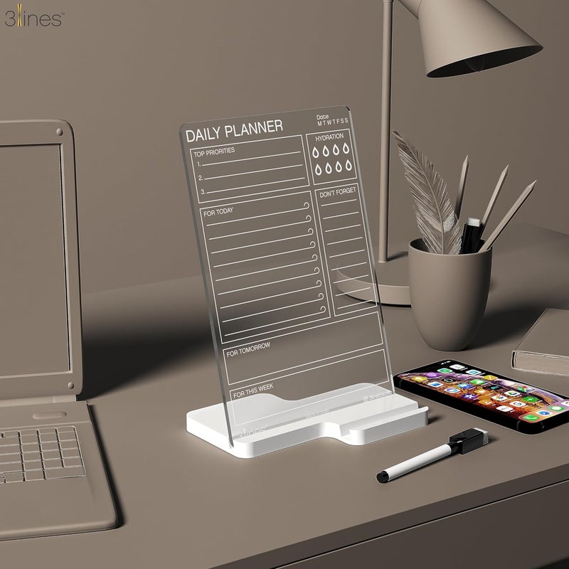3 Lines Clarity+ 'Daily Planner Top Priorities' Acrylic Board for Desk (24x16 CM)| Best Planner & Organizer | White Acrylic Base With Slot for Phone| With 2 Markers & Cleaning Fabric |Regular Size - Image 5