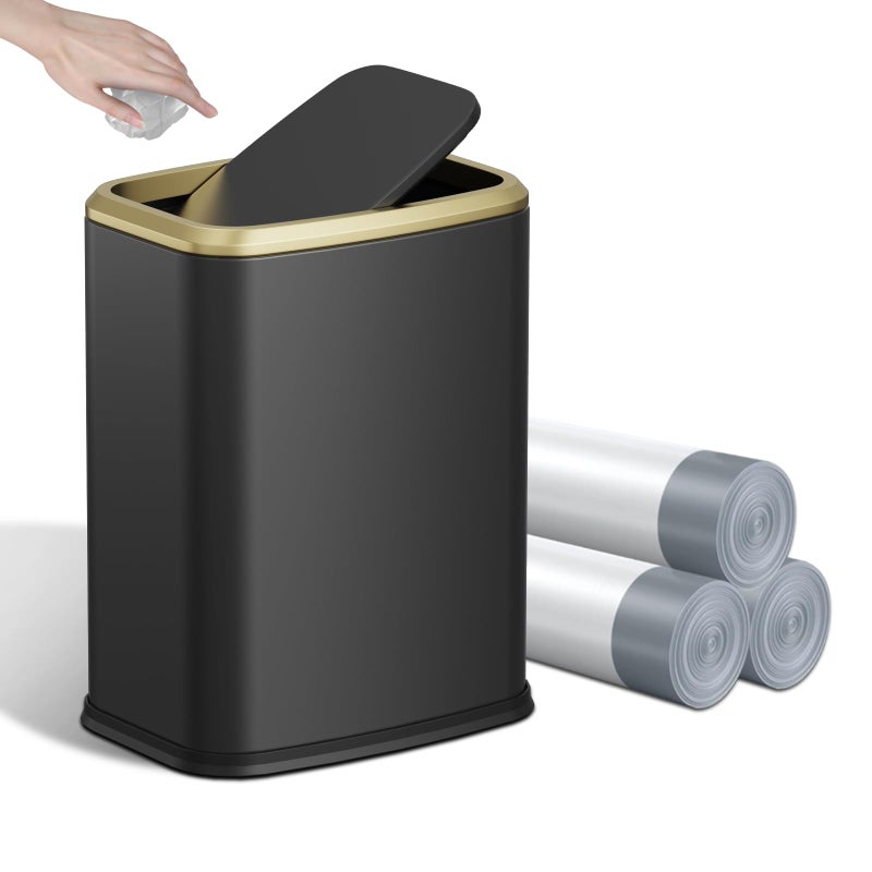 KHMMGK 8L/2.1 Gallon Small Bathroom Trash Can with Lid, Swing-Top Rectangular Waste Bin, Stainless Steel Garbage Can for Home, Office, Toilet, Bedroom, Living-Room (Black) - Image 1