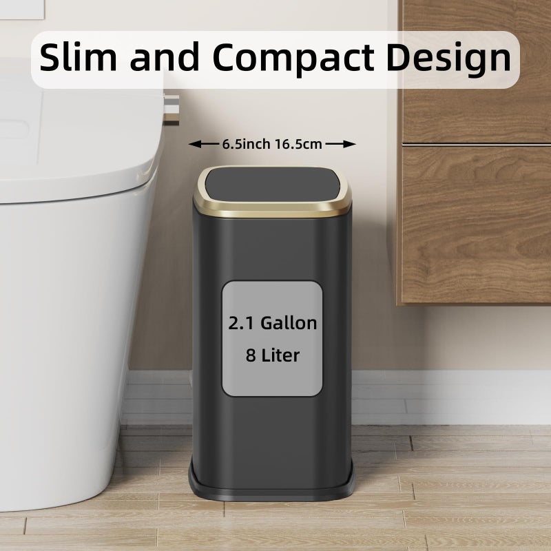 KHMMGK 8L/2.1 Gallon Small Bathroom Trash Can with Lid, Swing-Top Rectangular Waste Bin, Stainless Steel Garbage Can for Home, Office, Toilet, Bedroom, Living-Room (Black) - Image 2