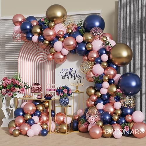 BALONAR Navy Blue Rose Gold Pink Gold Confetti Latex Balloons with 140pcs 18/10/5/Inch Metallic Chrome Balloons for Birthday Party Wedding Graduation Bridal Shower Decorations (Navy Blue) - Image 1
