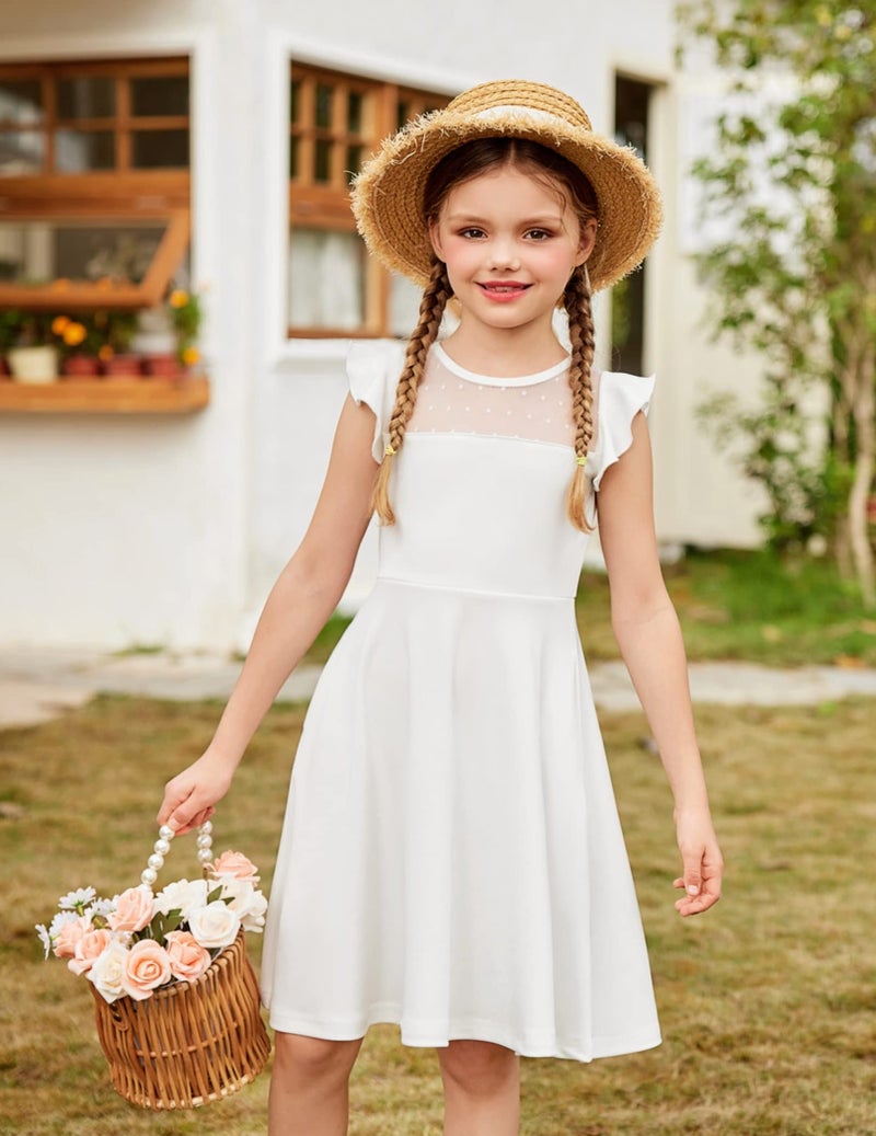 Arshiner Girls Dress Summer Ruffle Sleeve Mesh A Line Casual Party Dresses with Pockets 6-7 Years White - Image 4