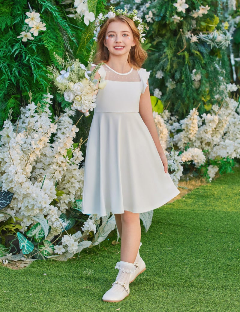 Arshiner Girls Dress Summer Ruffle Sleeve Mesh A Line Casual Party Dresses with Pockets 6-7 Years White - Image 5