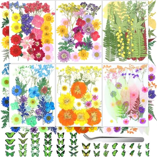 VCTSELITY 210 Pcs Dried Pressed Flowers for Resin, Dried Pressed Flowers for Crafts, Bulk Natural Dried Flowers Kit with DlY Butterfly Stickers&Tweezers for Resin Molds, Candles, Soap,Jewelry Making, Art Crafts - Image 1