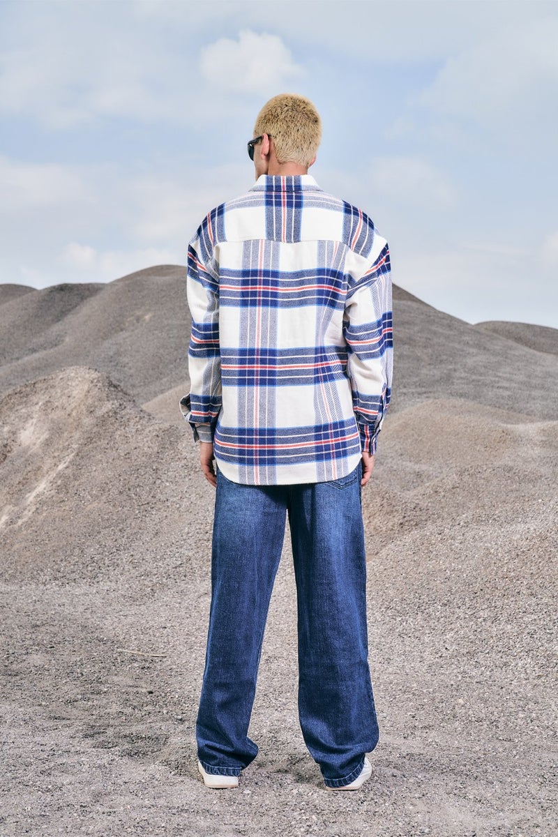 بونكرس كُرنر Vintage Blue Premium Thick-Thin Plaid Oversized Shirt - Image 5