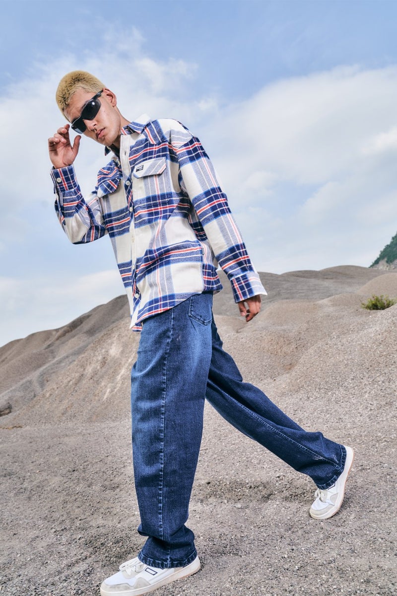 بونكرس كُرنر Vintage Blue Premium Thick-Thin Plaid Oversized Shirt - Image 3