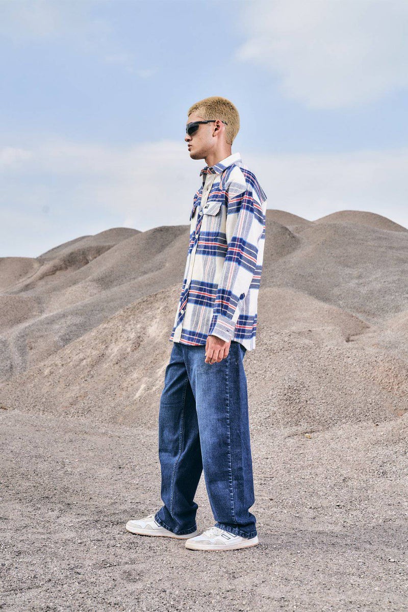 بونكرس كُرنر Vintage Blue Premium Thick-Thin Plaid Oversized Shirt - Image 4