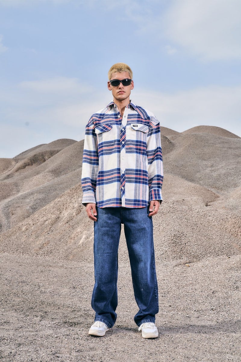 بونكرس كُرنر Vintage Blue Premium Thick-Thin Plaid Oversized Shirt - Image 1