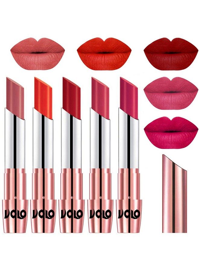 Volo Creme Matte Smooth Lipstick Combo Set Of 5 Bold Colors Long Lasting(Light Peach Coral Tomato Red Pink Passion Pink 17.5 G) - Image 1
