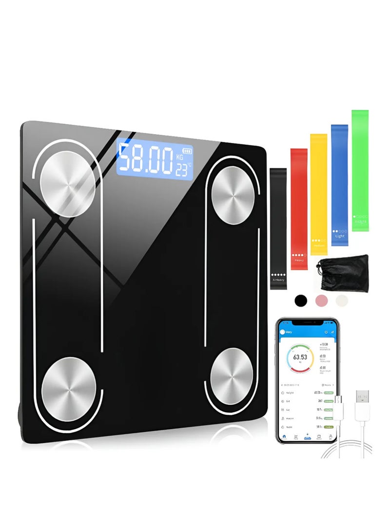 بينكو ميزان دهون الجسم بتقنية البلوتوث، 5 أشرطة مقاومة متنوعة لتمارين القوة، ميزان ذكي بشاشة LCD لقياس الوزن، جهاز تحليل تكوين الجسم، أشرطة مقاومة، حقيبة حمل، صالة رياضية، لياقة بدنية، يوغا، تمارين رياضية، أشرطة مقاومة للذراعين والساقين والوركين - Image 1