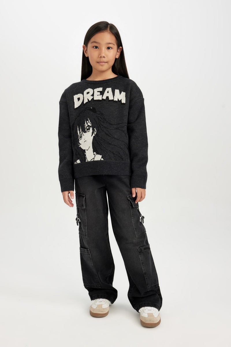 DeFacto Grey Girl Girl Regular Fit Crew Neck Patterned Knitwear Pullover Casual - Image 2