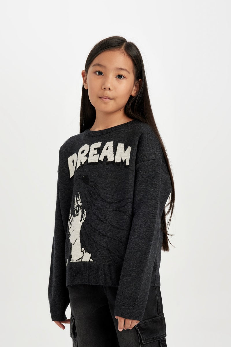 DeFacto Grey Girl Girl Regular Fit Crew Neck Patterned Knitwear Pullover Casual - Image 3
