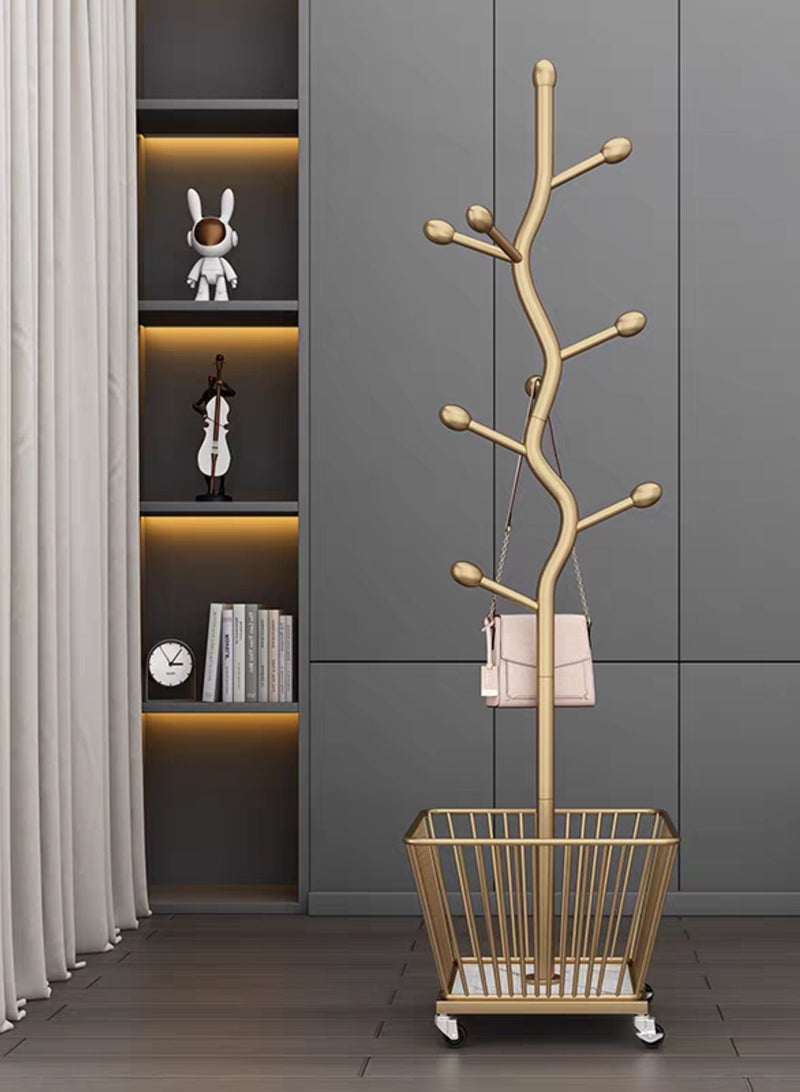 SHEE ONE SHEE ONE Tree-Branch Clothes Rack with Bottom Basket and Wheels | Coat, Abaya & Bag Stand for Entryway or Bedroom – Size: Height 173 cm / Basket 40×30×40 cm  - Image 2