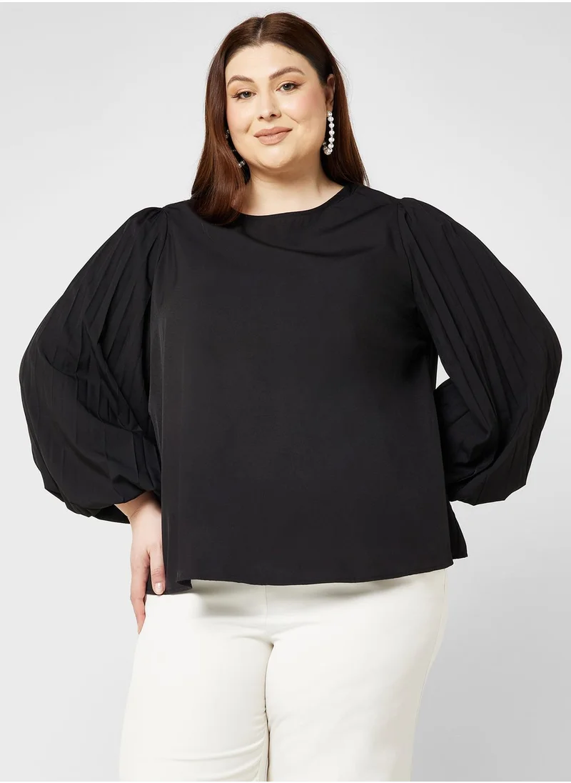 Ella Plus Pleated Sleeve Flared Top