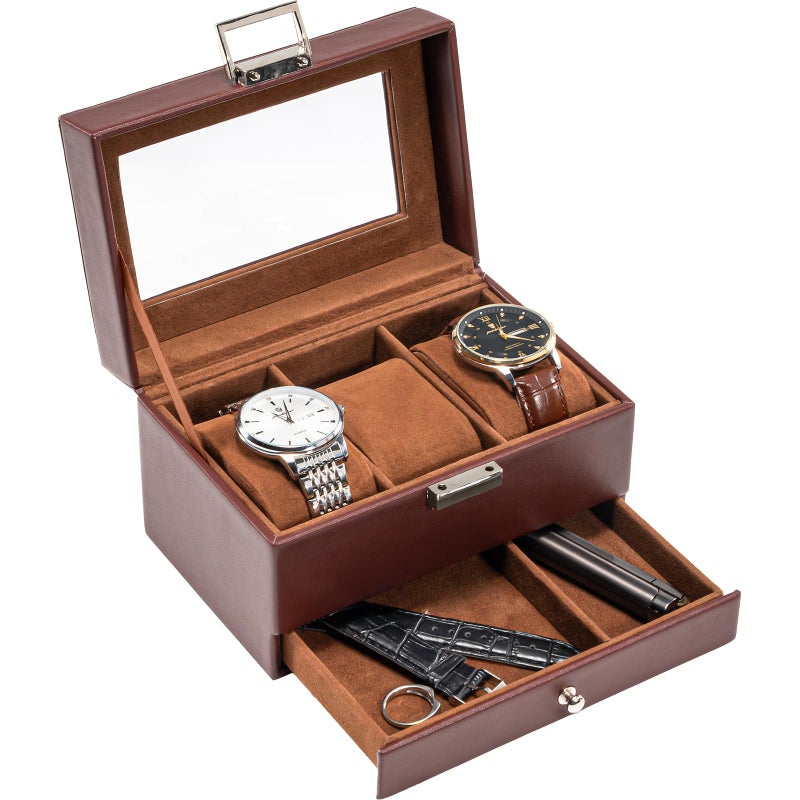 ProCase Watch Box 3 Slot Watches Display Case with Drawer Mens Watch Case with Glass Lid 2Layer Mens Jewelry Organizer Storage Holder Birthday Valentine Gifts for Men3 Slot Espresso - Image 2