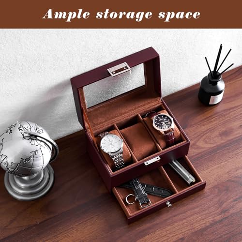 ProCase Watch Box 3 Slot Watches Display Case with Drawer Mens Watch Case with Glass Lid 2Layer Mens Jewelry Organizer Storage Holder Birthday Valentine Gifts for Men3 Slot Espresso - Image 3