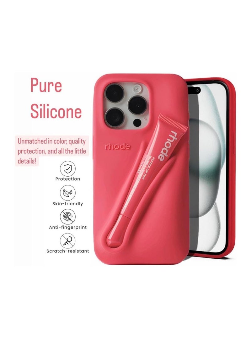 rhode Lip Gloss Phone Case with Lip Tint, For iPhone Case Liquid Silicone Camera Protection Lipstick Lip Glaze Phone Case for iPhone 16 Pro (Lmage) - Image 4