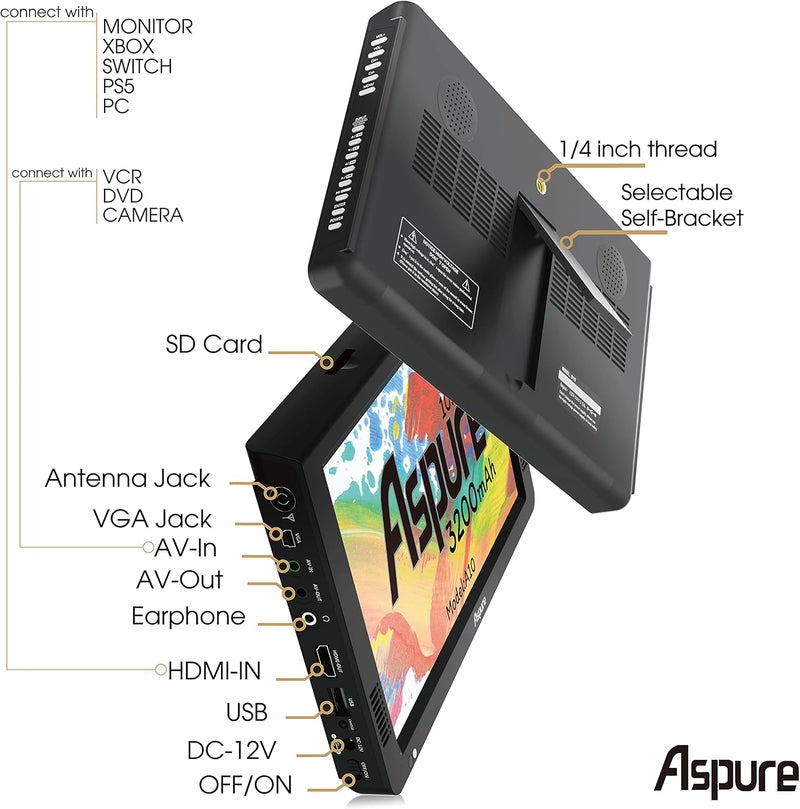 LEADSTAR Aspure 10 Inch Portable Digital TV ATSC TFT HD Screen Freeview LED TV for Car,Caravan,Camping,Outdoor or Kitchen.Built-in Battery Television/Monitor with Multimedia Player Support USB Card - Image 3