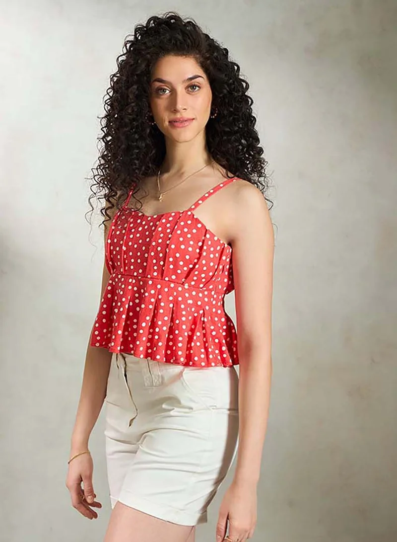فيرجيو VIRGIO Linen Polka Print Peplum Crop Top