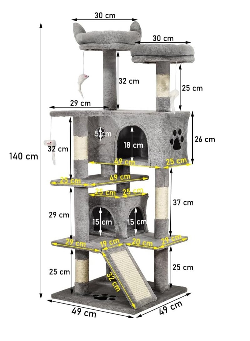 NNC PETS Indoor cat tree tower, Cat tree activity center with Cozy condos, Sisal scratching post, and Soft plush perches, Multi-level cat tower with Dangling toys, Durable and Easy to assemble, 140 cm, (Grey) - Image 2