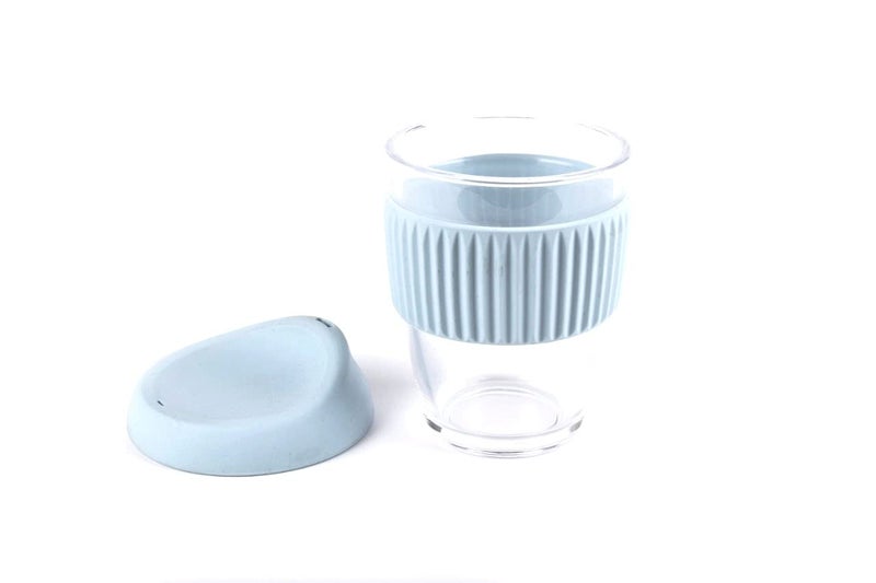 Baskety Glass Tumbler Reusable Coffee & Tea Cup 300ml Insulated Clear Travel Mug with Silicone Lid (Blue, Pack of 1) - Image 3