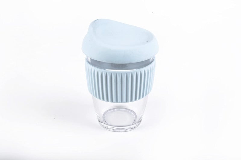 Baskety Glass Tumbler Reusable Coffee & Tea Cup 300ml Insulated Clear Travel Mug with Silicone Lid (Blue, Pack of 1) - Image 1