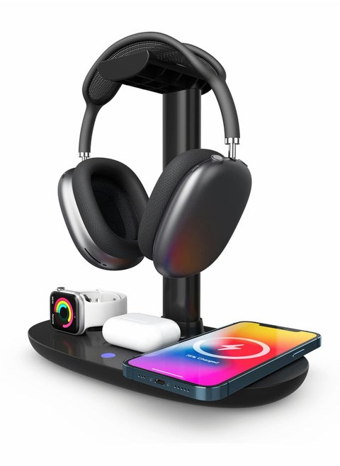 Headphone Stand with Wireless Charger,4 in 1 Fast Wireless Charging Station for Max/Pro/2 iWatch 7/6/5/4/3/2/1/SE,and fo iPhone 13/12/11/XS/XR/X/8 Series for Desktop Table Game