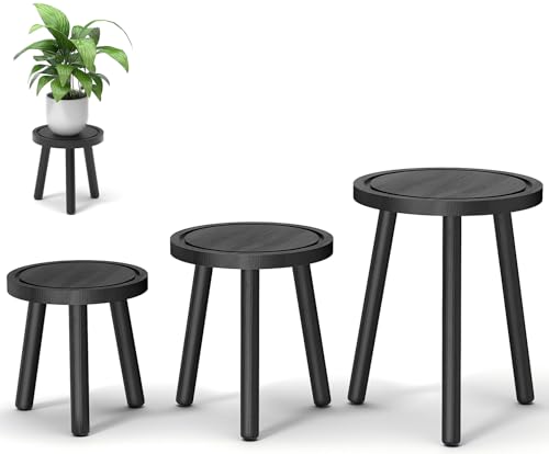 Vecxoty 3Pack Wood Plant Stands Indoor Single Plant Stand for 612 Inch Pots MidCentury Modern Plant Stool Tall Plant Stand for Large Plants for Living Room Balcony Office Black - Image 1