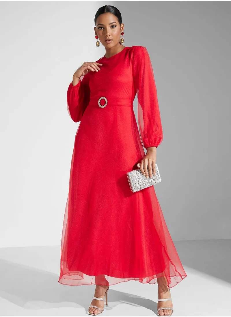 Khizana Puff Sleeve Belted Dress