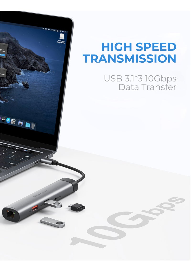 blupebble - موزع وسائط متعددة 6 في 1 من الألومنيوم C6 - منفذ HDMI بدقة 4K، ومنفذ جيجابت إيثرنت، ومنفذ USB C 3.1، ومنفذ USB-C، ومنفذان USB-A 3.1 - Image 1