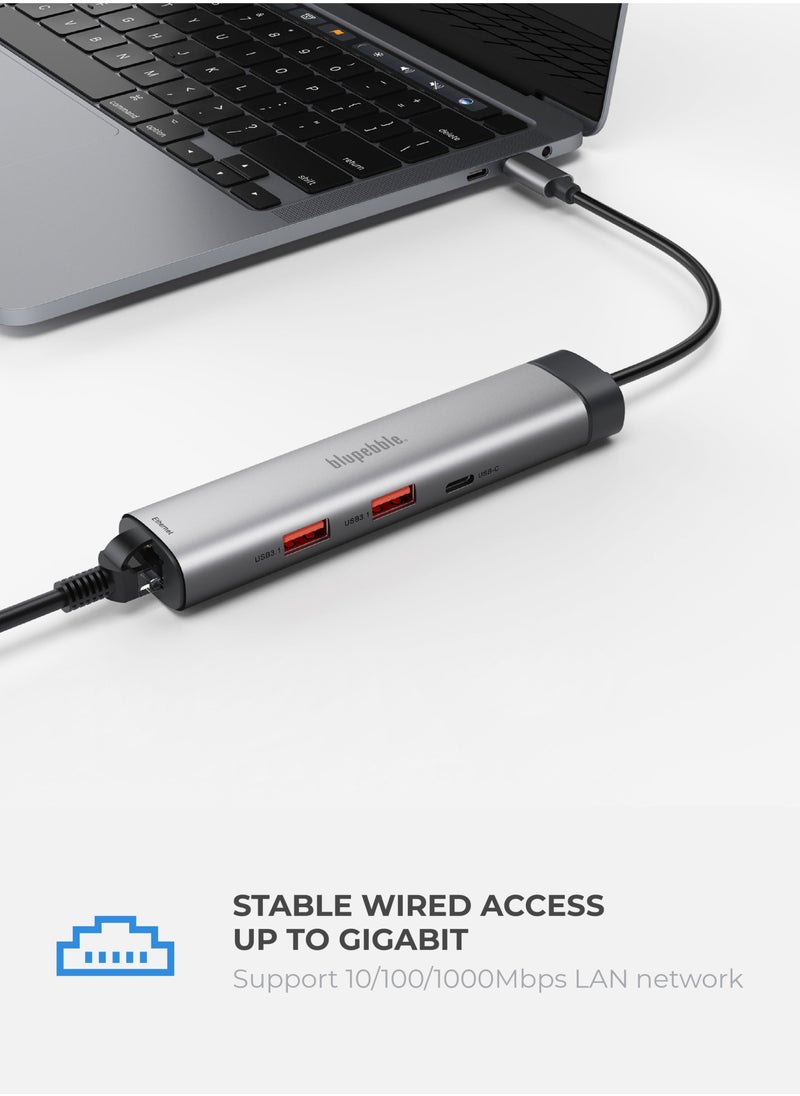 blupebble C6 Hub Aluminum 6 in 1 Multimedia Hub -4K HDMI, Gigabit Ethernet, USB C 3.1, USB-C, 2 USB-A 3.1  - Image 5