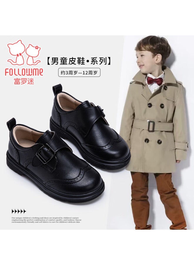 Follow Me Children's Leather Shoes, Spring And Autumn New Style Boys' British Style School Performance Black Shoes, Black, Size 28
