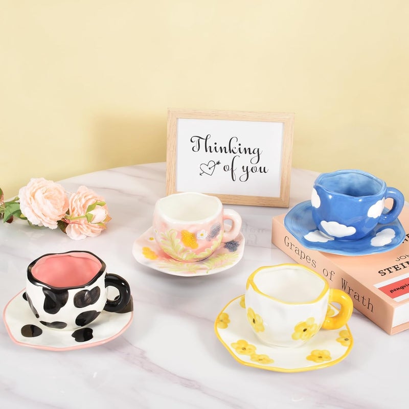 Koythin Ceramic Coffee Mug with Saucer, Cute Unique Handmade Cup for Women for Office and Home, Dishwasher and Microwave Safe, 10 oz/300 ml for Latte Tea Milk (Dark Blue Sky and White Clouds) - Image 3