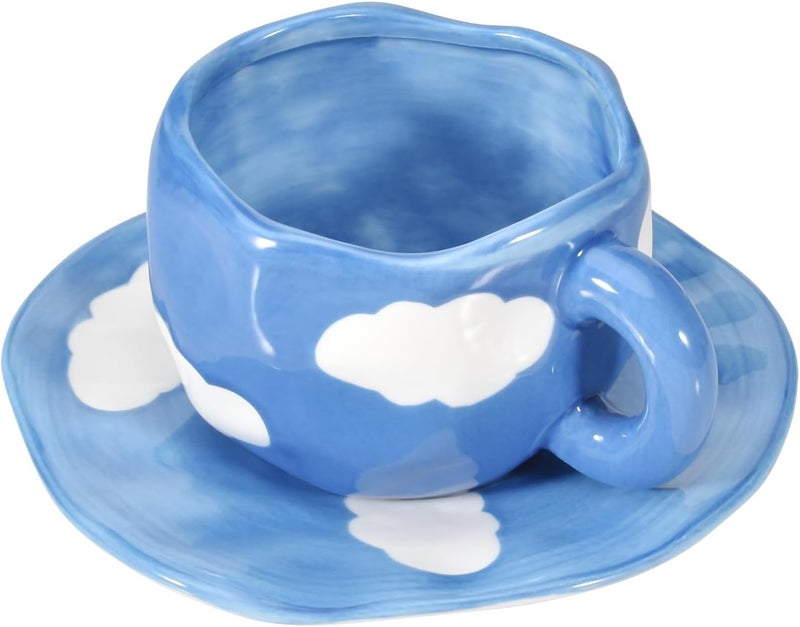 Koythin Ceramic Coffee Mug with Saucer, Cute Unique Handmade Cup for Women for Office and Home, Dishwasher and Microwave Safe, 10 oz/300 ml for Latte Tea Milk (Dark Blue Sky and White Clouds) - Image 1