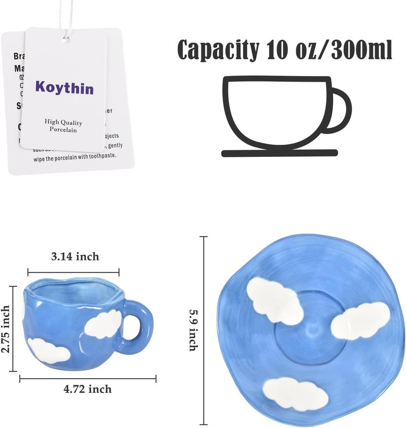 Koythin Ceramic Coffee Mug with Saucer, Cute Unique Handmade Cup for Women for Office and Home, Dishwasher and Microwave Safe, 10 oz/300 ml for Latte Tea Milk (Dark Blue Sky and White Clouds) - Image 2