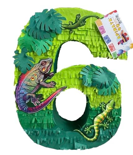 A Pinata 4 U 20 Tall Lizards Theme Number Six Piata Green Color Iguana Design Perfect for 6th Birthday Party Handcrafted Durable and Fun Party Decoration for Kids - Image 1