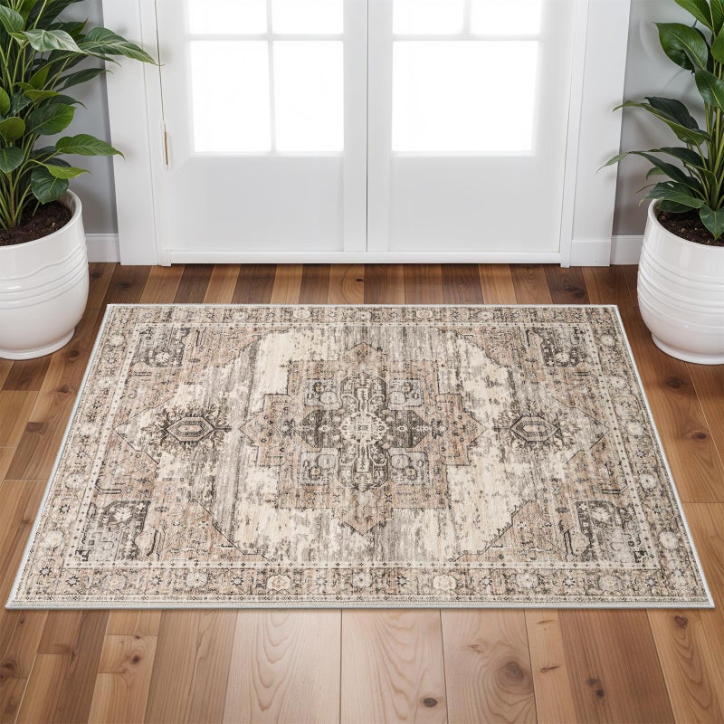 RUUGME Washable 2x3 Area Rugs  Large Boho Rugs for Living Room Stain Resistant Carpet Vintage Tribal Rugs for Bedroom Kitchen Bathroom with Non Slip Backing Home Decor Floor Decoration Mat 2x3 Beige