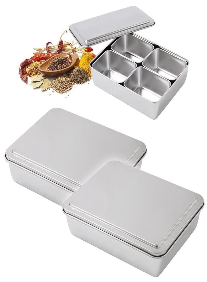 Japard Stainless Steel Seasoning Box with Lid, Food Storage Container with Tray Spice Organizer Jars, 4/6 Grids Spice Salt Sugar, Kitchen Utensils (4 Grids (2 Sets)) - Image 1