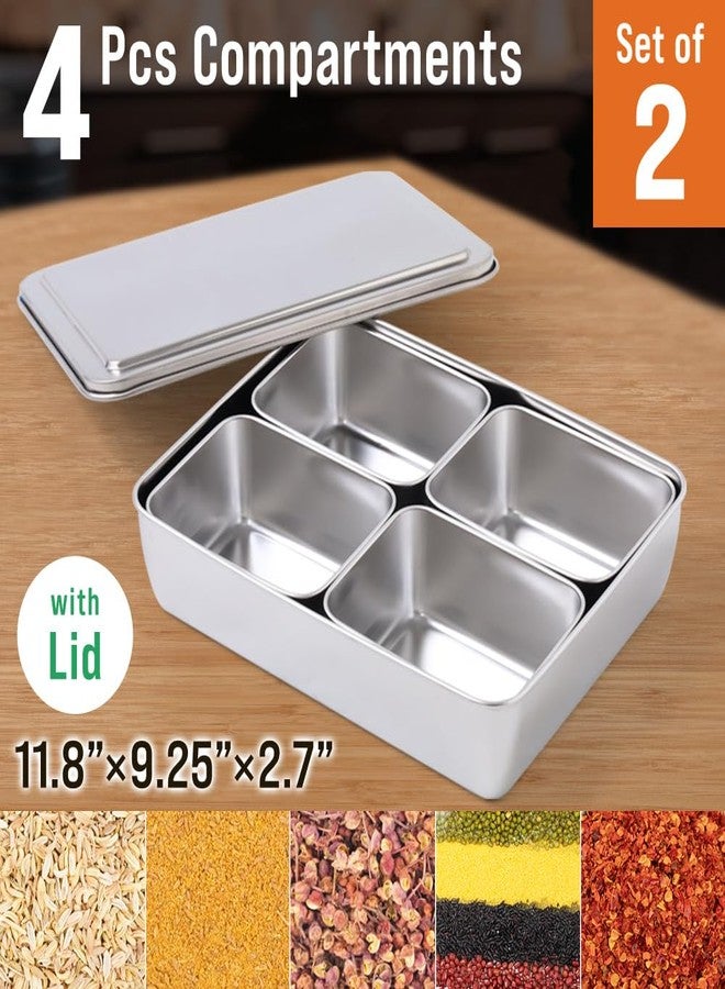 Japard Stainless Steel Seasoning Box with Lid, Food Storage Container with Tray Spice Organizer Jars, 4/6 Grids Spice Salt Sugar, Kitchen Utensils (4 Grids (2 Sets)) - Image 2