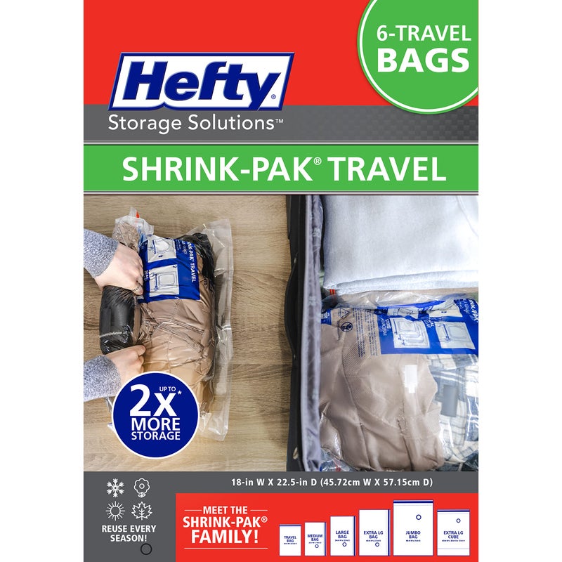 Hefty Shrink-Pak Large Travel Bags - Airtight Storage Bags for Maximum Space Saving, Travel Essentials, Ideal for Packing, Durable, Reliable Compression with Sealed Protection - Image 1