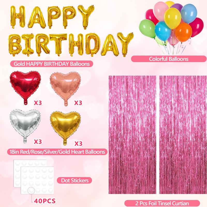 wohohoho 77Pcs Pink Happy Birthday Party Decorations Kit, Happy Birthday Banner, Pink Streamers Tinsel Backdrop, 4 Colors Foil Heart Balloons with 50Pcs Colorful Balloons Party Decor for Girls Women Princess - Image 2