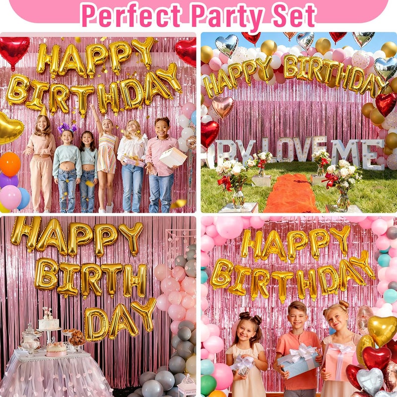 wohohoho 77Pcs Pink Happy Birthday Party Decorations Kit, Happy Birthday Banner, Pink Streamers Tinsel Backdrop, 4 Colors Foil Heart Balloons with 50Pcs Colorful Balloons Party Decor for Girls Women Princess - Image 4